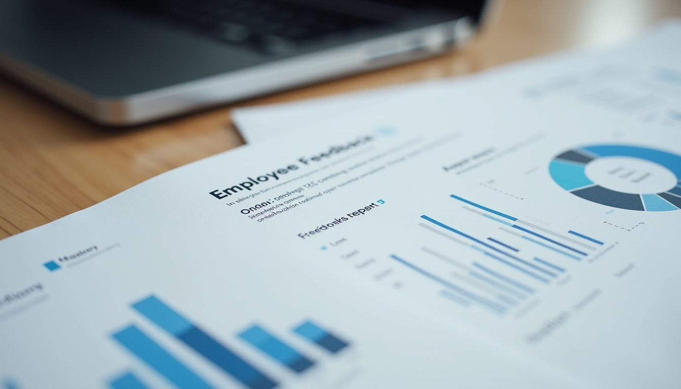 Printed employee feedback report with charts
